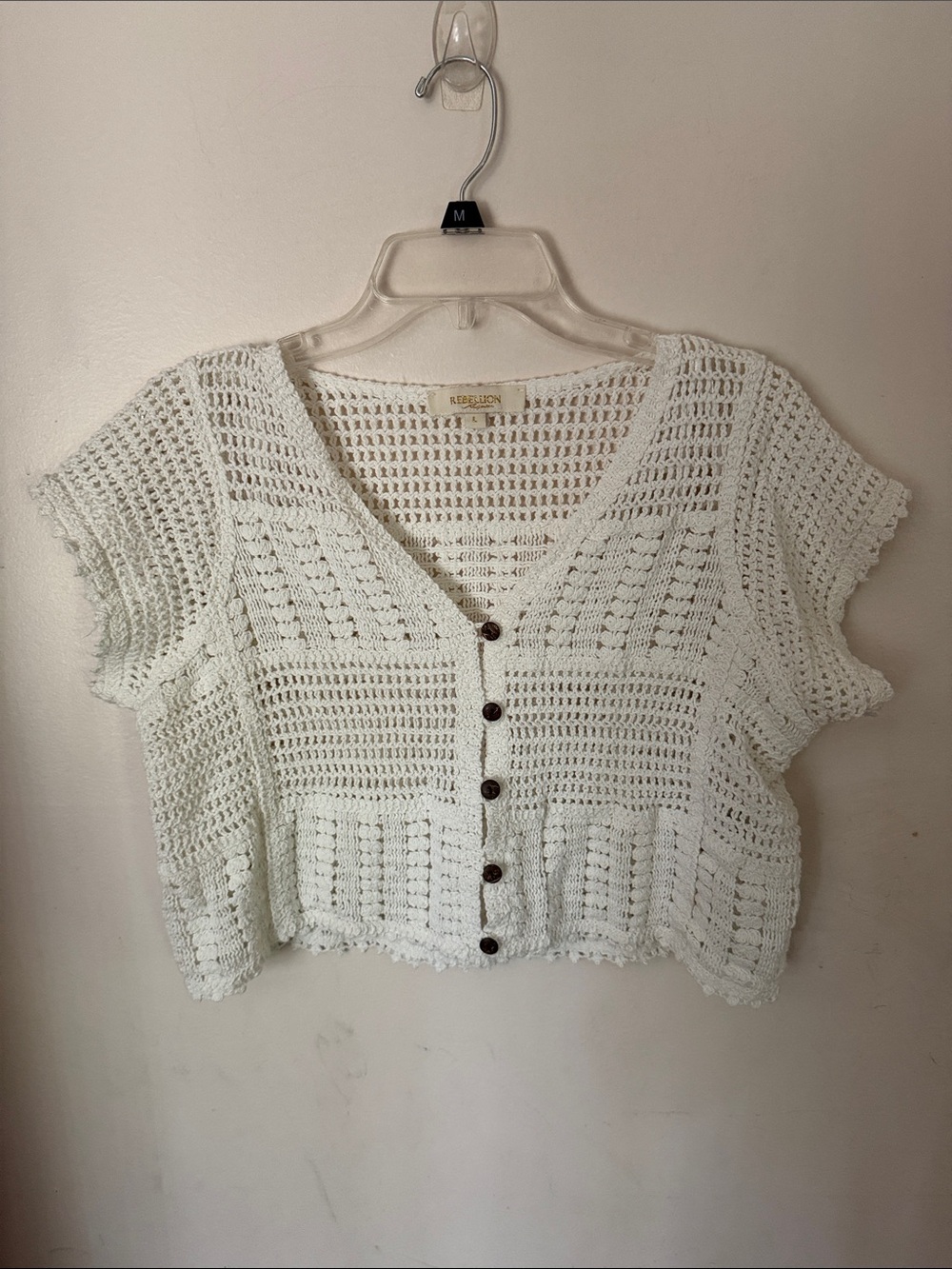 Rebellion  White Crochet Button-Front Crop Top